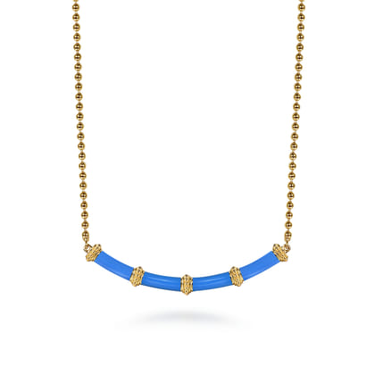 Enamel - 14K Yellow Gold Bujukan Bar Necklace with Blue Enamel