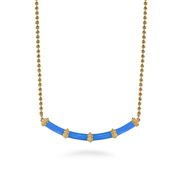 Enamel - 14K Yellow Gold Bujukan Bar Necklace with Blue Enamel - Shot 1