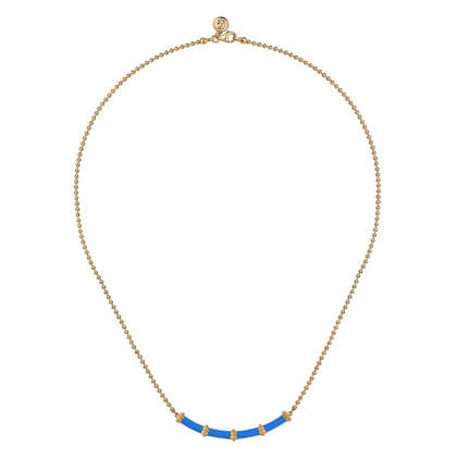 Enamel - 14K Yellow Gold Bujukan Bar Necklace with Blue Enamel