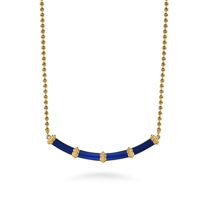 Enamel - 14K Yellow Gold Bujukan Bar Necklace with Chrome Blue Enamel