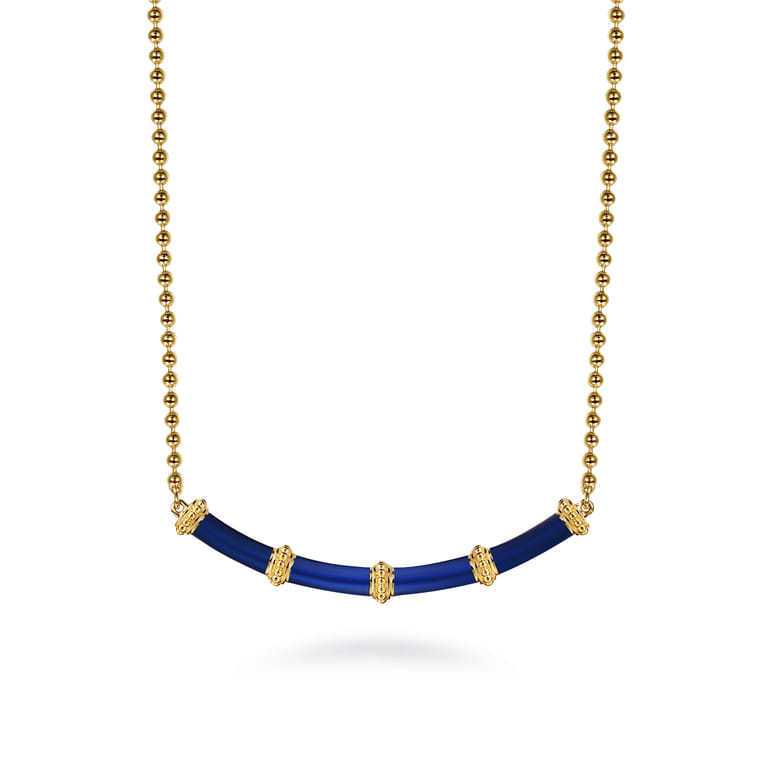 Enamel - 14K Yellow Gold Bujukan Bar Necklace with Chrome Blue Enamel - Shot 1