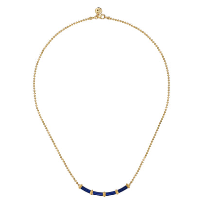 Enamel - 14K Yellow Gold Bujukan Bar Necklace with Chrome Blue Enamel