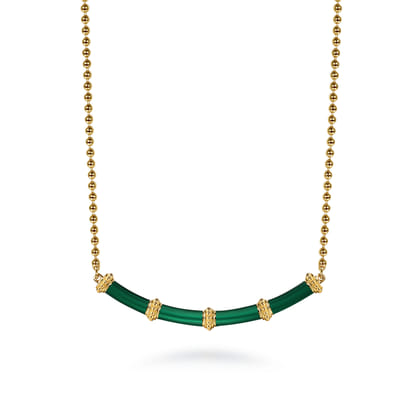Enamel - 14K Yellow Gold Bujukan Bar Necklace with Chrome Green Enamel