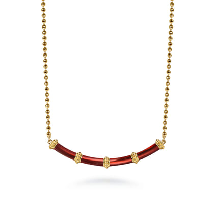 Enamel - 14K Yellow Gold Bujukan Bar Necklace with Chrome Red Enamel
