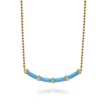 Enamel - 14K Yellow Gold Bujukan Bar Necklace with Dusk Blue Enamel