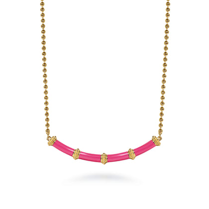 Enamel - 14K Yellow Gold Bujukan Bar Necklace with Fuchsia Enamel