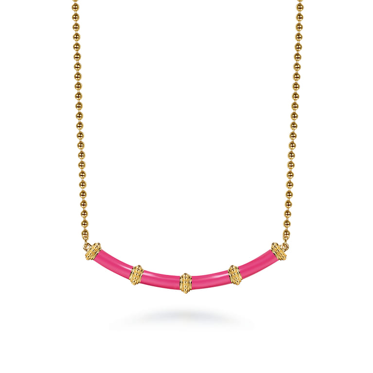 Enamel - 14K Yellow Gold Bujukan Bar Necklace with Fuchsia Enamel - Shot 1