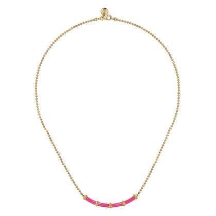 Enamel - 14K Yellow Gold Bujukan Bar Necklace with Fuchsia Enamel