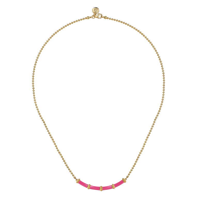 Enamel - 14K Yellow Gold Bujukan Bar Necklace with Fuchsia Enamel - Shot 2