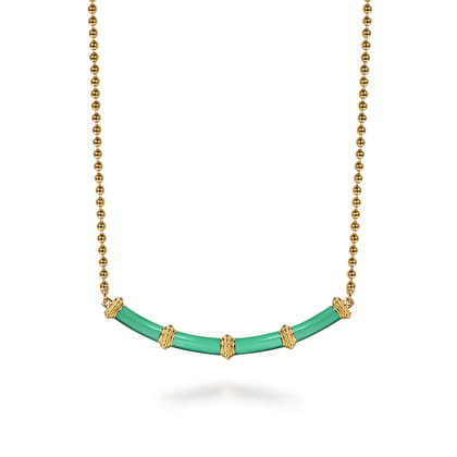 Enamel - 14K Yellow Gold Bujukan Bar Necklace with Mint Green Enamel