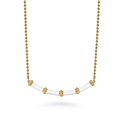 Enamel - 14K Yellow Gold Bujukan Bar Necklace with White Enamel