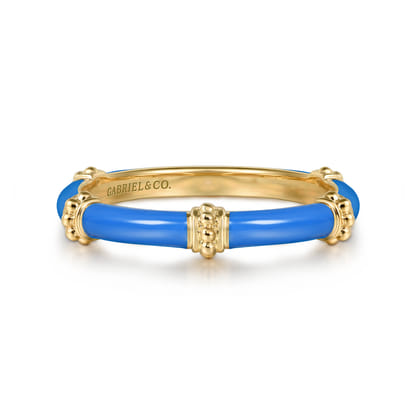 Enamel - 14K Yellow Gold Bujukan Bar Split Stackable with Blue Enamel