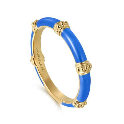 Enamel - 14K Yellow Gold Bujukan Bar Split Stackable with Blue Enamel