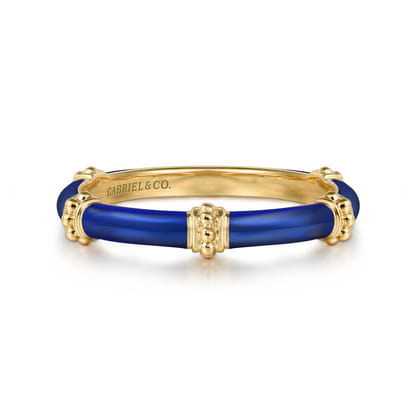 Enamel - 14K Yellow Gold Bujukan Bar Split Stackable with Chrome Blue Enamel