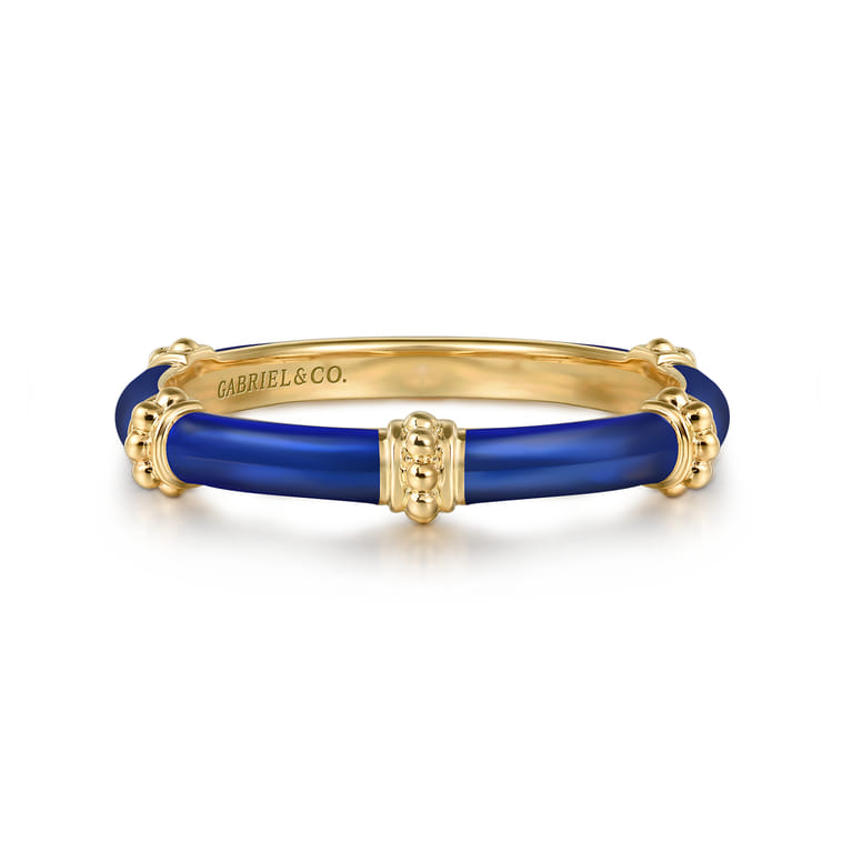 Enamel - 14K Yellow Gold Bujukan Bar Split Stackable with Chrome Blue Enamel - Shot 1