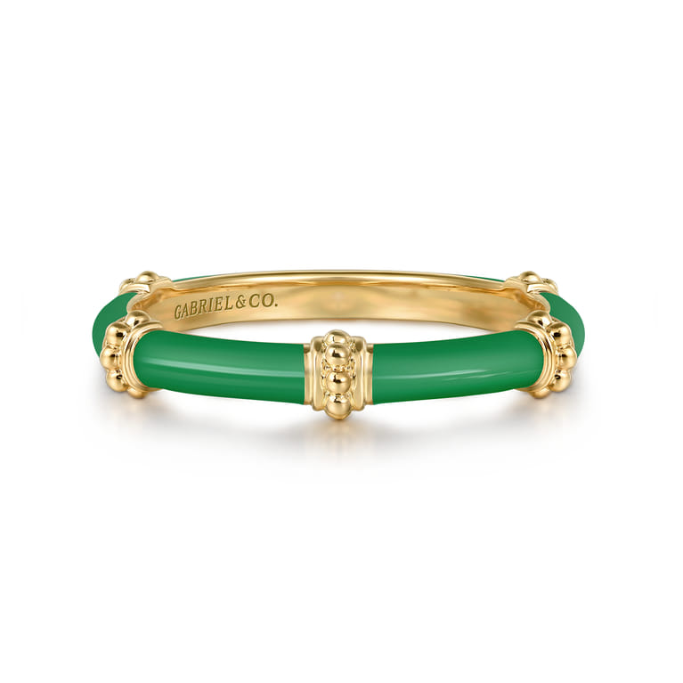 Enamel - 14K Yellow Gold Bujukan Bar Split Stackable with Emerald Green Enamel - Shot 1