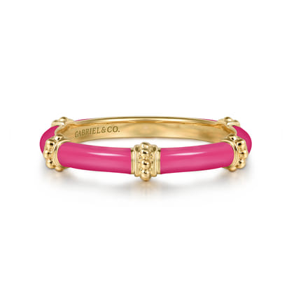 Enamel - 14K Yellow Gold Bujukan Bar Split Stackable with Fuchsia Enamel