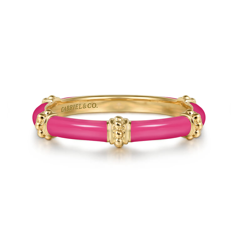 Enamel - 14K Yellow Gold Bujukan Bar Split Stackable with Fuchsia Enamel - Shot 1