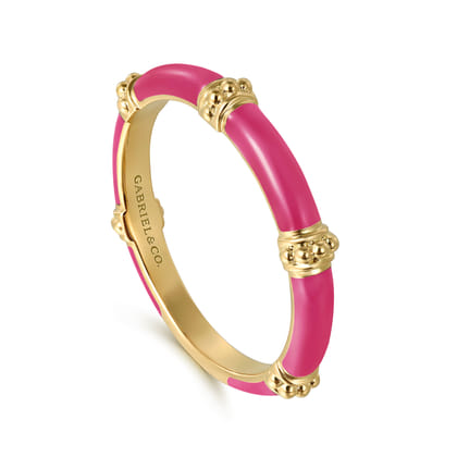 Enamel - 14K Yellow Gold Bujukan Bar Split Stackable with Fuchsia Enamel