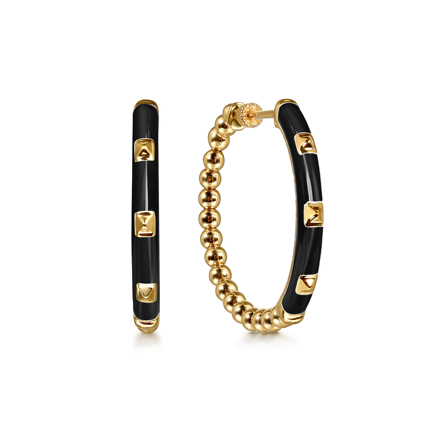 Enamel - 14K Yellow Gold Bujukan Beads Classic Hoop Pyramid Earrings with Black Enamel - Shot 1