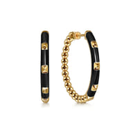 Enamel - 14K Yellow Gold Bujukan Beads Classic Hoop Pyramid Earrings with Black Enamel