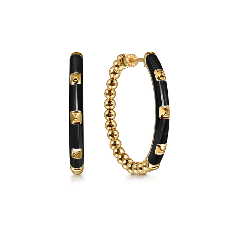 Enamel - 14K Yellow Gold Bujukan Beads Classic Hoop Pyramid Earrings with Black Enamel - Shot 1