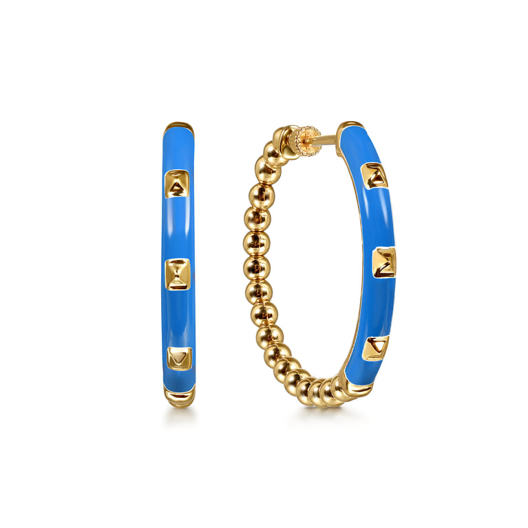 Enamel - 14K Yellow Gold Bujukan Beads Classic Hoop Pyramid Earrings with Blue Enamel - Shot 1