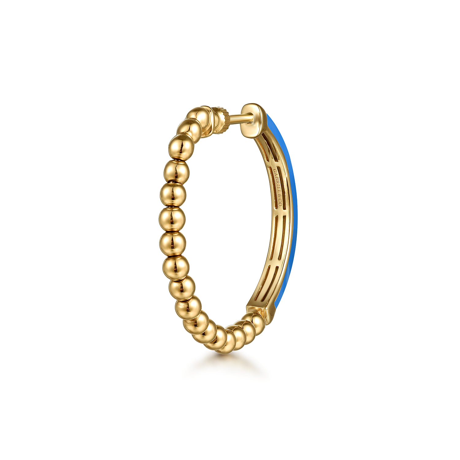 Enamel - 14K Yellow Gold Bujukan Beads Classic Hoop Pyramid Earrings with Blue Enamel - Shot 2