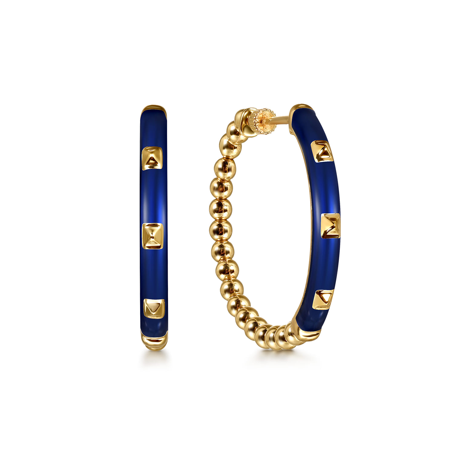 Enamel - 14K Yellow Gold Bujukan Beads Classic Hoop Pyramid Earrings with Chrome Blue Enamel - Shot 1