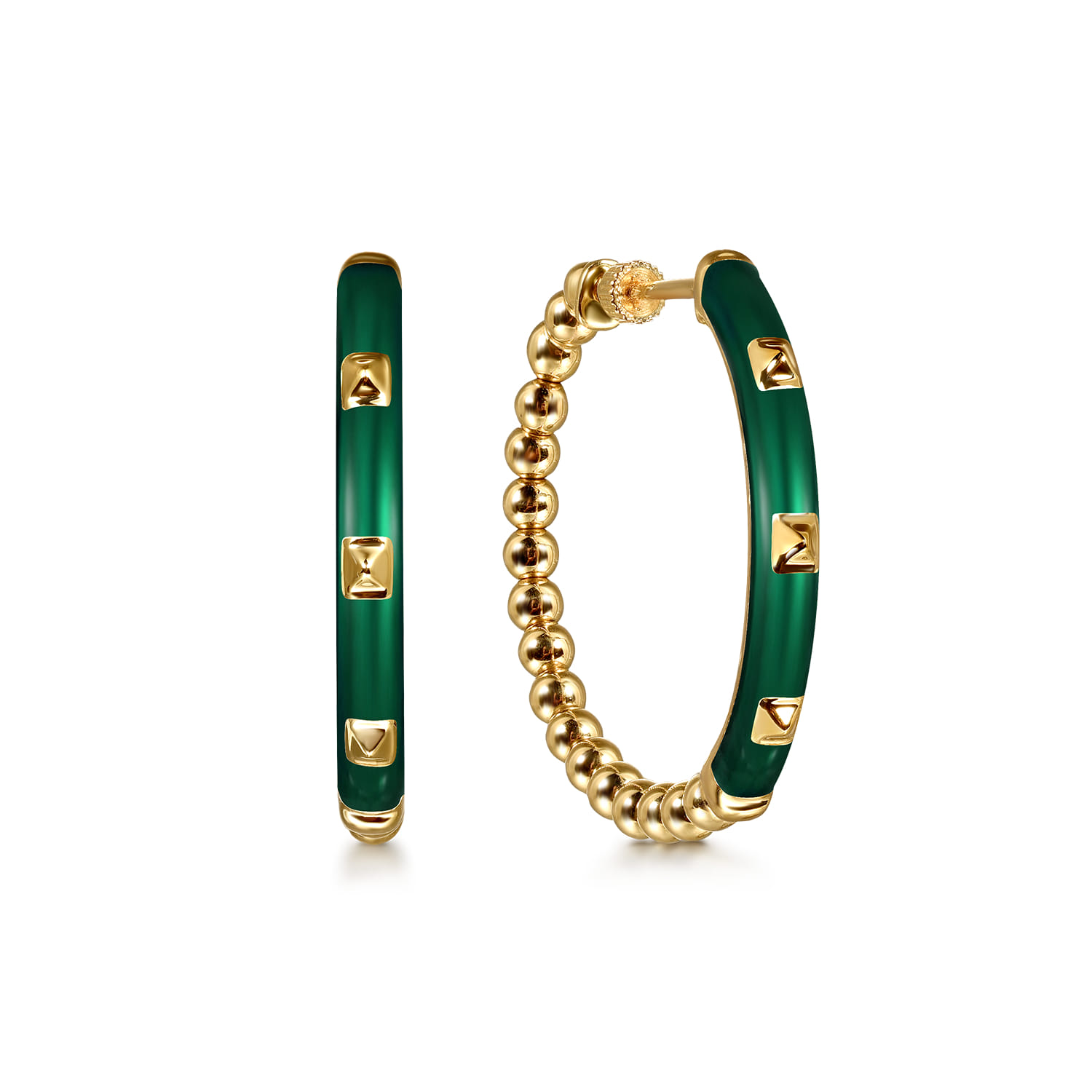 Enamel - 14K Yellow Gold Bujukan Beads Classic Hoop Pyramid Earrings with Chrome Green Enamel - Shot 1