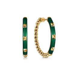Enamel - 14K Yellow Gold Bujukan Beads Classic Hoop Pyramid Earrings with Chrome Green Enamel