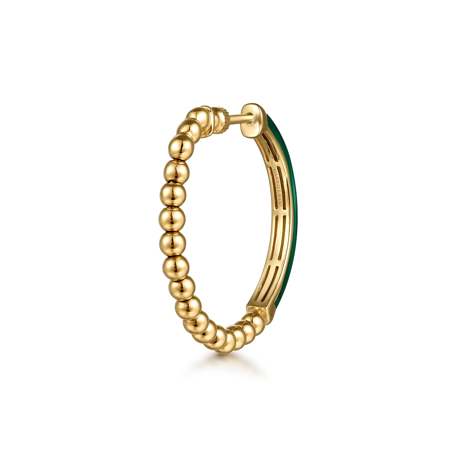 Enamel - 14K Yellow Gold Bujukan Beads Classic Hoop Pyramid Earrings with Chrome Green Enamel - Shot 2