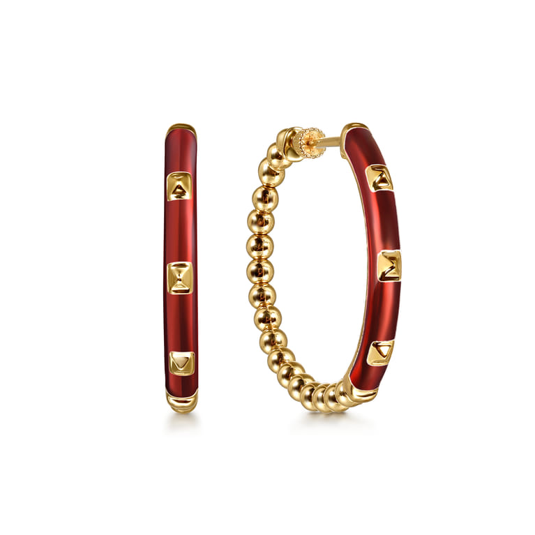 Enamel - 14K Yellow Gold Bujukan Beads Classic Hoop Pyramid Earrings with Chrome Red Enamel - Shot 1