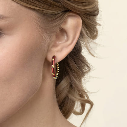Enamel - 14K Yellow Gold Bujukan Beads Classic Hoop Pyramid Earrings with Chrome Red Enamel