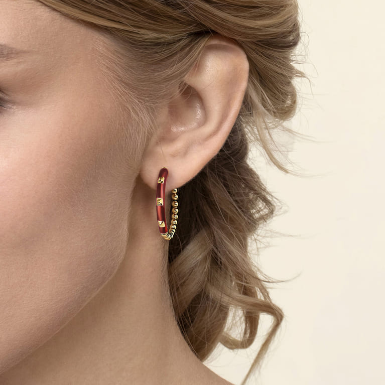 Enamel - 14K Yellow Gold Bujukan Beads Classic Hoop Pyramid Earrings with Chrome Red Enamel - Shot 3