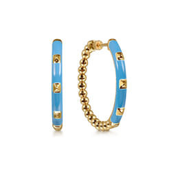 Enamel - 14K Yellow Gold Bujukan Beads Classic Hoop Pyramid Earrings with Dusk Blue Enamel