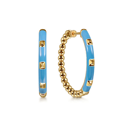Enamel - 14K Yellow Gold Bujukan Beads Classic Hoop Pyramid Earrings with Dusk Blue Enamel