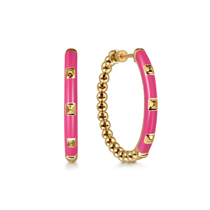 Enamel - 14K Yellow Gold Bujukan Beads Classic Hoop Pyramid Earrings with Fuchsia Enamel