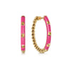 Enamel - 14K Yellow Gold Bujukan Beads Classic Hoop Pyramid Earrings with Fuchsia Enamel
