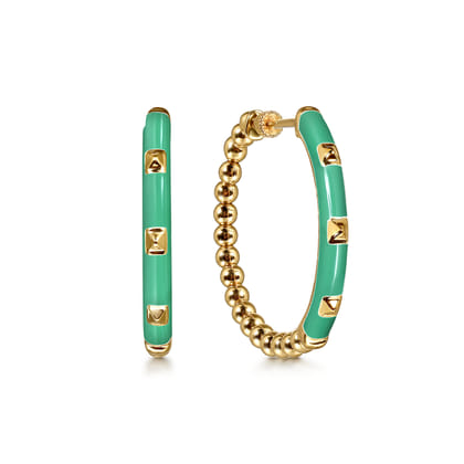 Enamel - 14K Yellow Gold Bujukan Beads Classic Hoop Pyramid Earrings with Mint Green Enamel