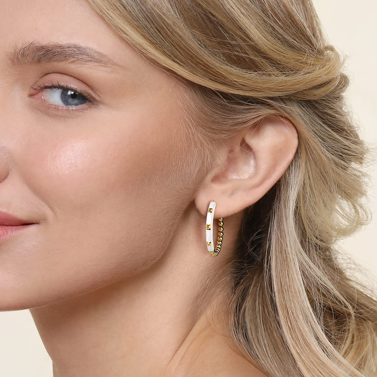 Enamel - 14K Yellow Gold Bujukan Beads Classic Hoop Pyramid Earrings with White Enamel - Shot 2