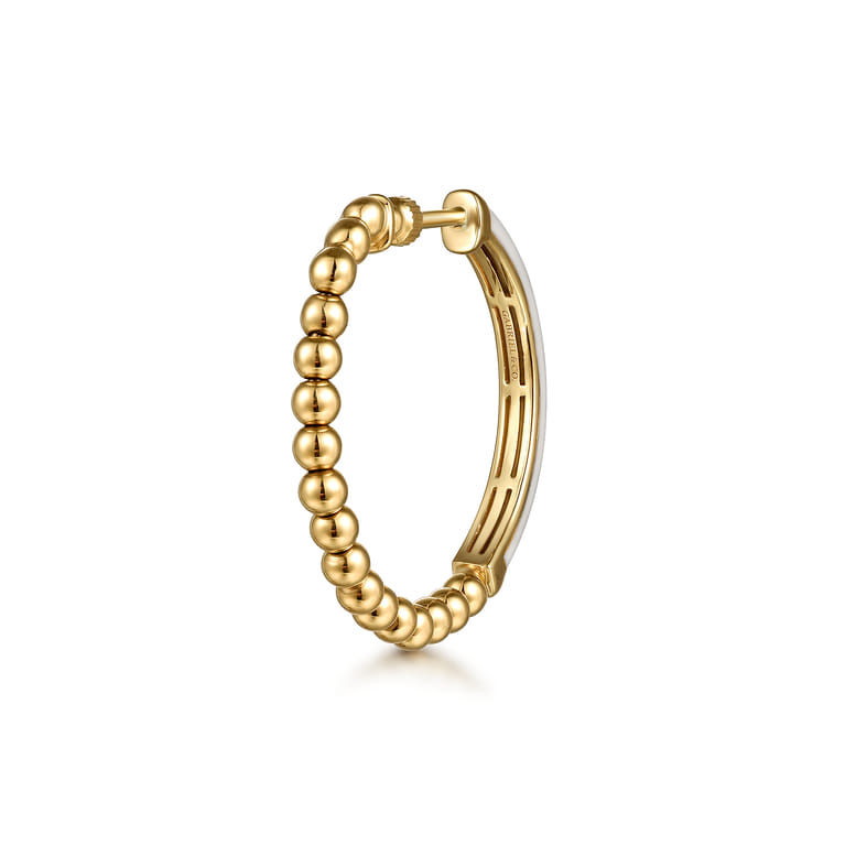 Enamel - 14K Yellow Gold Bujukan Beads Classic Hoop Pyramid Earrings with White Enamel - Shot 3