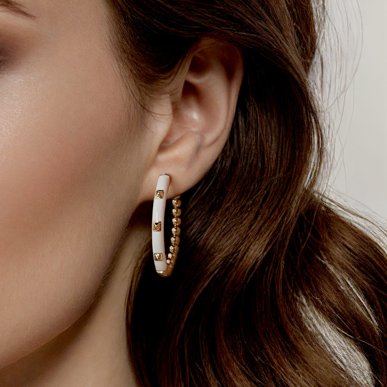 Enamel - 14K Yellow Gold Bujukan Beads Classic Hoop Pyramid Earrings with White Enamel