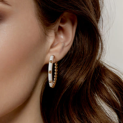 Enamel - 14K Yellow Gold Bujukan Beads Classic Hoop Pyramid Earrings with White Enamel