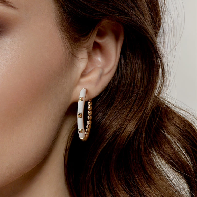 Enamel - 14K Yellow Gold Bujukan Beads Classic Hoop Pyramid Earrings with White Enamel - Shot 4