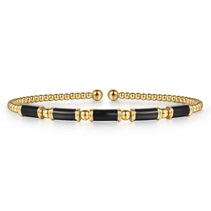 Enamel - 14K Yellow Gold Bujukan Beads Split Bangle Bracelet with Black Enamel