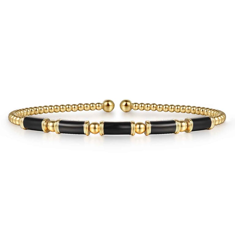 Enamel - 14K Yellow Gold Bujukan Beads Split Bangle Bracelet with Black Enamel - Shot 1