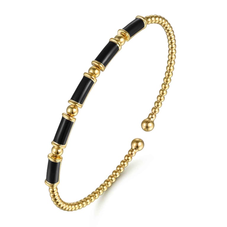 Enamel - 14K Yellow Gold Bujukan Beads Split Bangle Bracelet with Black Enamel - Shot 2