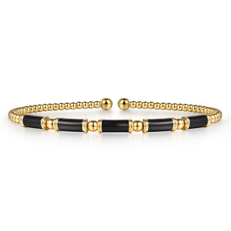 Enamel - 14K Yellow Gold Bujukan Beads Split Bangle Bracelet with Black Enamel - Shot 1