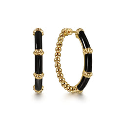 Enamel - 14K Yellow Gold Bujukan Beads and Bar Split Classic Hoop with Black Enamel
